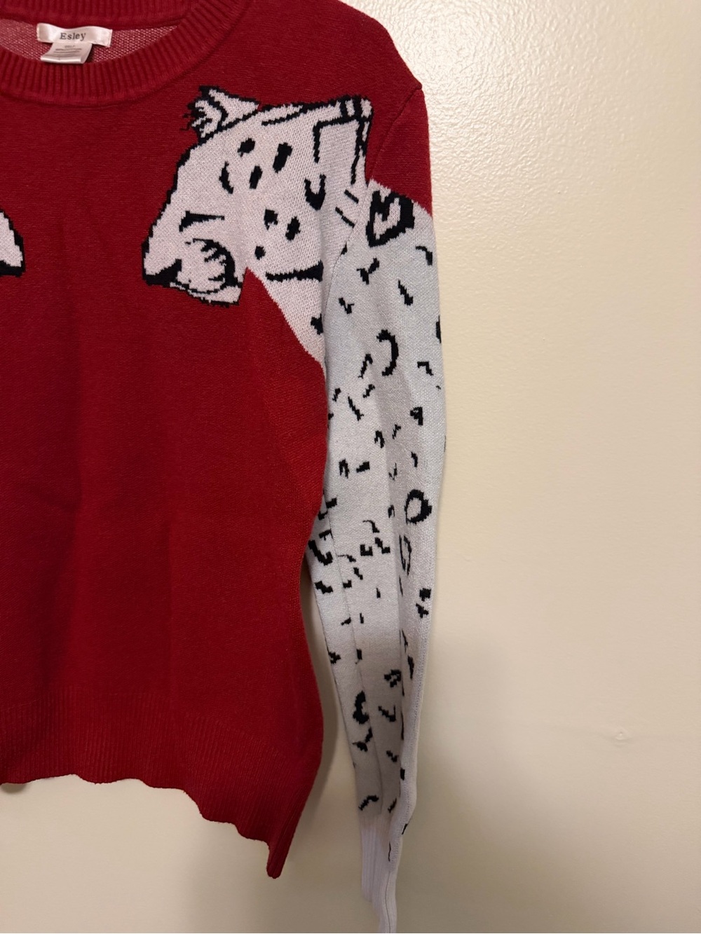 Esley Red Crewneck Sweater with White Leopard Sleeve Motif - Picture 2 of 5